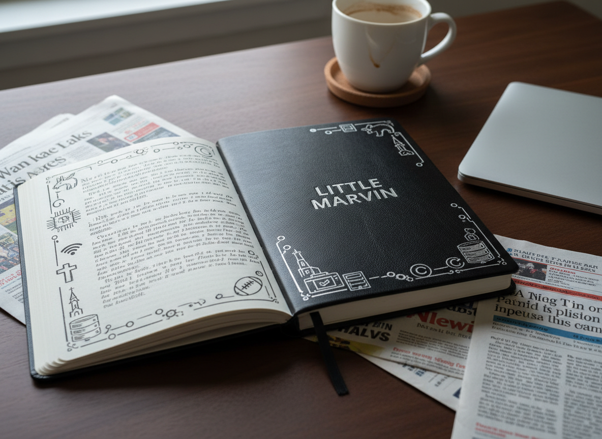 A sleek black leather-bound journal embossed with the subtle silver title “Little Marvin” lies open on a dark walnut desk, its cream pages filled with neat, handwritten notes and margin doodles of politics, religion, sports, and technology icons. Around it are scattered printed newspaper clippings, a slim laptop half-closed, and a ceramic mug with faint coffee rings on a cork coaster. Cool daylight from an unseen window to the left washes across the desk, creating soft highlights on the leather texture and gentle shadows from the objects. Photographic realism, shot from a slightly elevated angle with shallow depth of field, keeps the journal in crisp focus while the background fades into a tasteful blur, creating a professional, contemplative mood suitable for a culture and politics blog header.