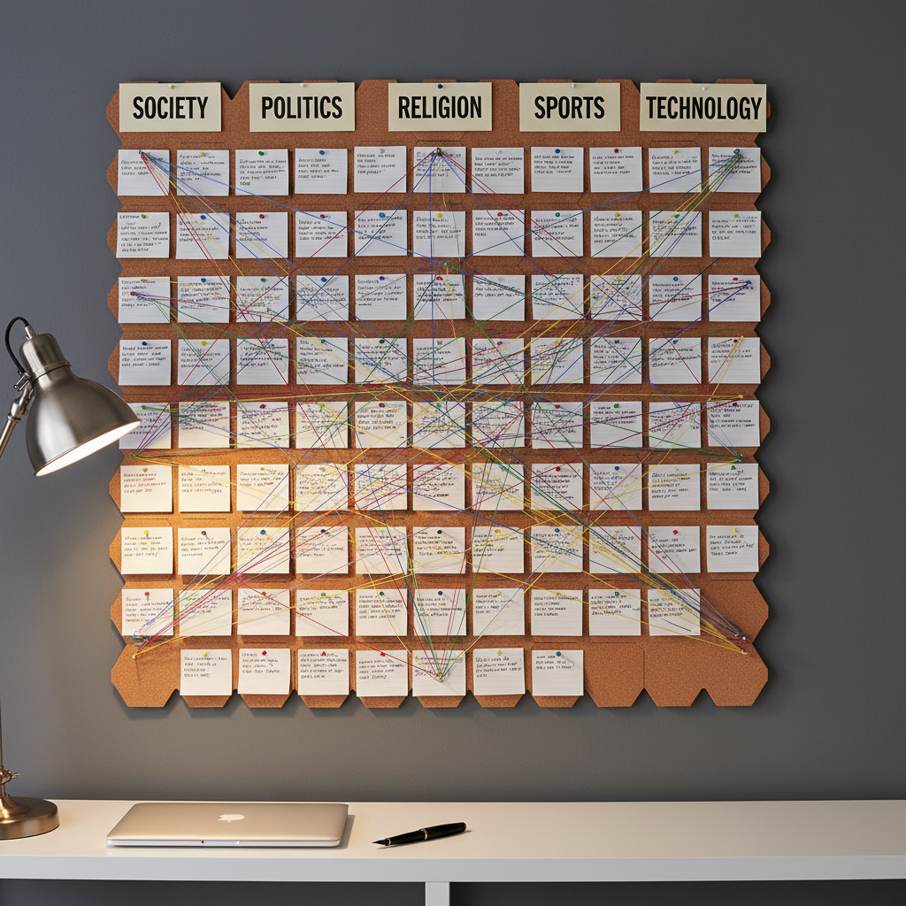 A large, meticulously organized cork bulletin board fills the frame, covered with pinned index cards and printed headlines labeled “Society,” “Politics,” “Religion,” “Sports,” and “Technology.” Colored string precisely connects related cards, forming a thoughtful web of ideas rather than a chaotic conspiracy wall. The board hangs on a matte charcoal wall above a minimalist white console holding a closed silver laptop and a single black fountain pen. Warm, directional desk-lamp lighting from the lower left casts clean, graphic shadows, emphasizing the order and structure. Photographic realism, shot straight-on at eye level with sharp focus throughout, conveys a professional, analytical atmosphere, ideal for illustrating thoughtful connections between cultural and political topics.