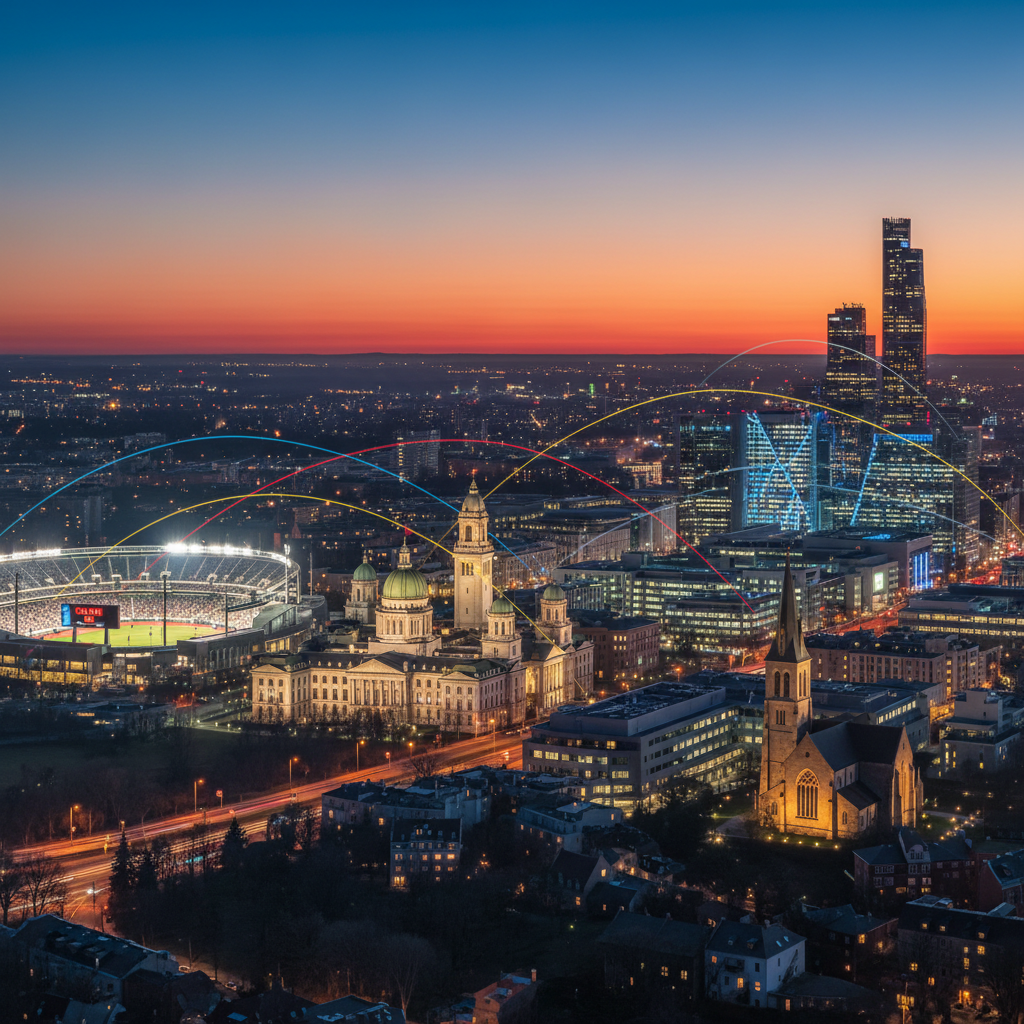 A modern city skyline at dusk seen from a high vantage point, with distinct zones symbolizing different cultural conversations: a brightly lit sports stadium on one side, a cluster of government buildings with illuminated domes and towers in the middle distance, a glass-walled tech campus glowing with cool blue light, and an old stone church with a softly lit steeple. Thin beams of light in different colors subtly arc between these landmarks, suggesting invisible conversations and societal connections. The sky transitions from deep blue to warm orange near the horizon. Photographic realism with a slightly wide-angle lens, captured just after sunset so city lights sparkle. The mood is thoughtful and expansive, with balanced composition and moderate depth of field, ideal for a culture and politics blog hero image.